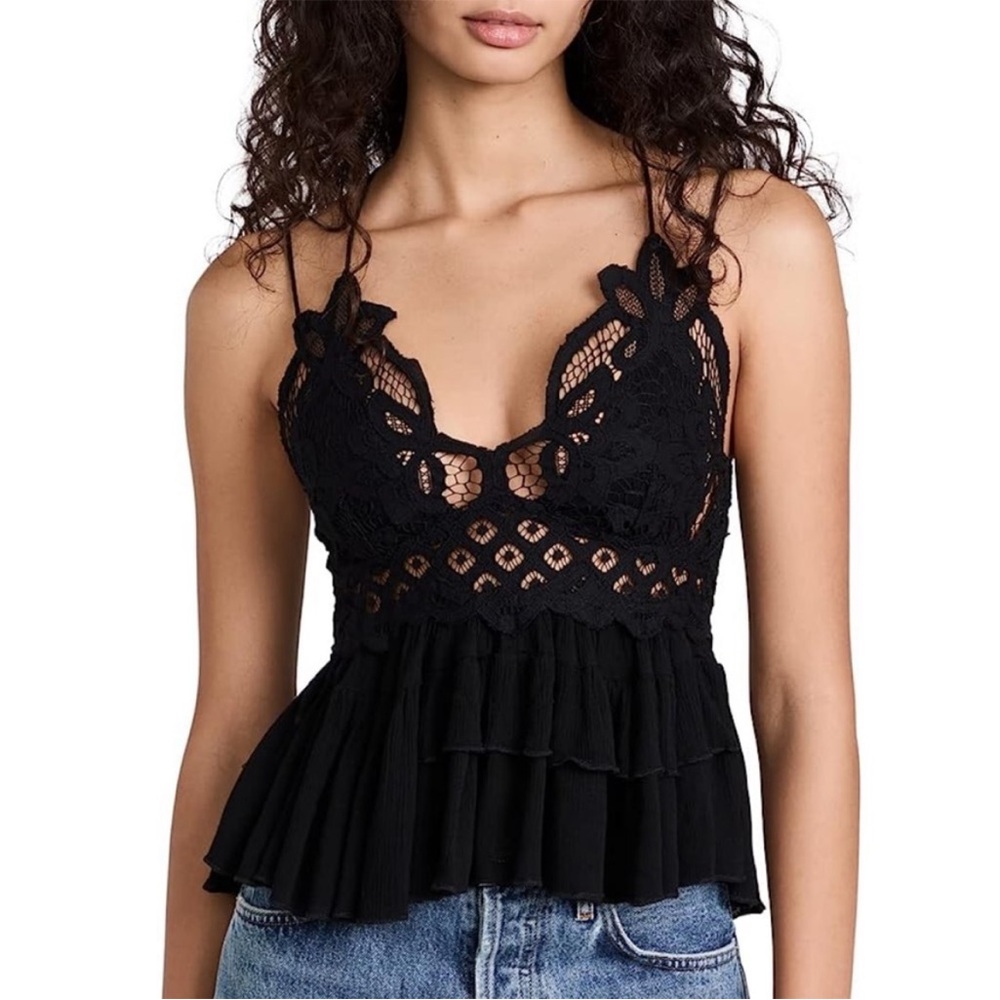 Free People Adela Cami Black Lace Ruffle Top Size S